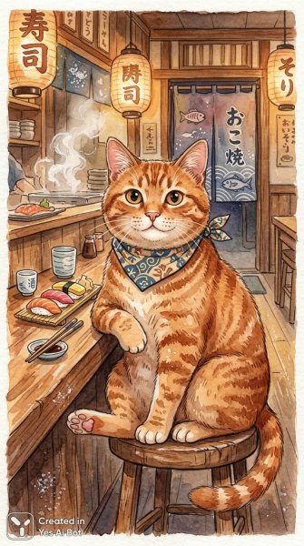 Котик и суши: уютная иллюстрация в стиле наивного акварельного искусства. Нейронная сеть Нано Банана