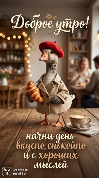 Утиное утро в уютной кофейне с круассаном и бодростью. Картинка из нейронной сети NanoBanana