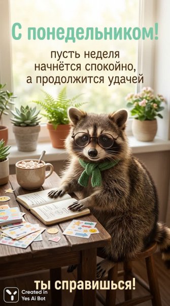 Уютное утро енота в очках и свитере с вдохновляющим посланием. Генерация из нейронной сети Нано Банана