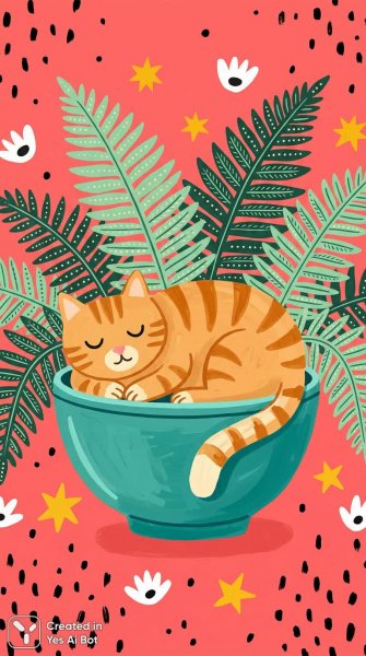 Спящий кот в горшке: уютная иллюстрация в стиле наивного искусства. Генерация из нейронной сети Nano-Banana