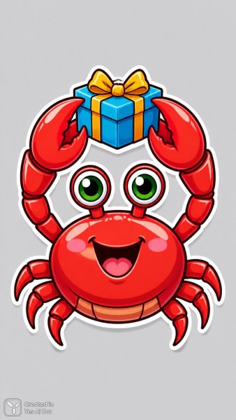Очаровательный крабик с подарком в игривом стиле. Генерация из нейронной сети Sora Image