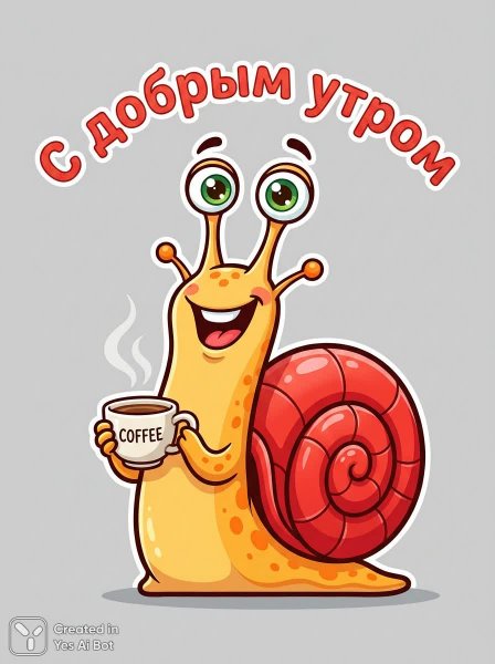 Милый мультяшный улитка с кофе и пожеланием доброго утра. Генерация из нейросети Нано Банана