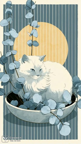 Спокойная сцена с кошкой в керамической чаше и эвкалиптом. Изображение из нейронной сети Миджорни