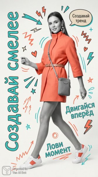 Яркий fashion-постер: уверенность, энергия и стиль в динамичном образе с маркерными деталями. Картинка из нейросети NanoBanana