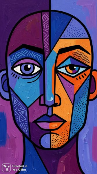 Разделенное лицо в ярких красках и смелых линиях. Картинка из нейросети Nano-Banana