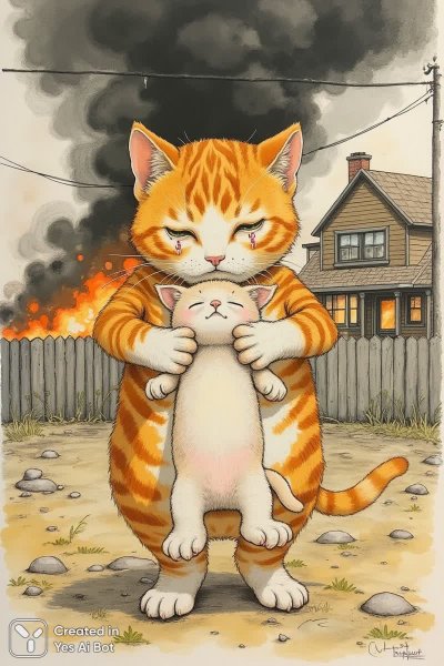 Трагедия кота: спасение маленького котенка из огня. Изображение из нейросети Flux.1