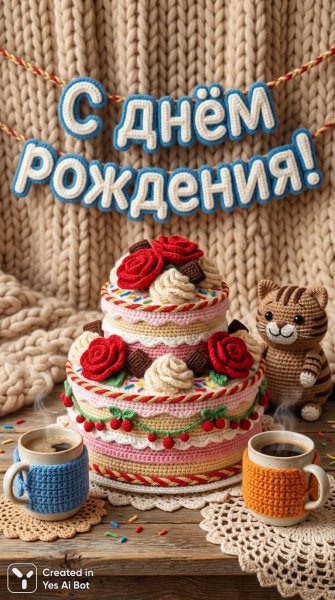 Уютный вязаный стол с десертами и поздравлением. Изображение из нейросети Нано Банана