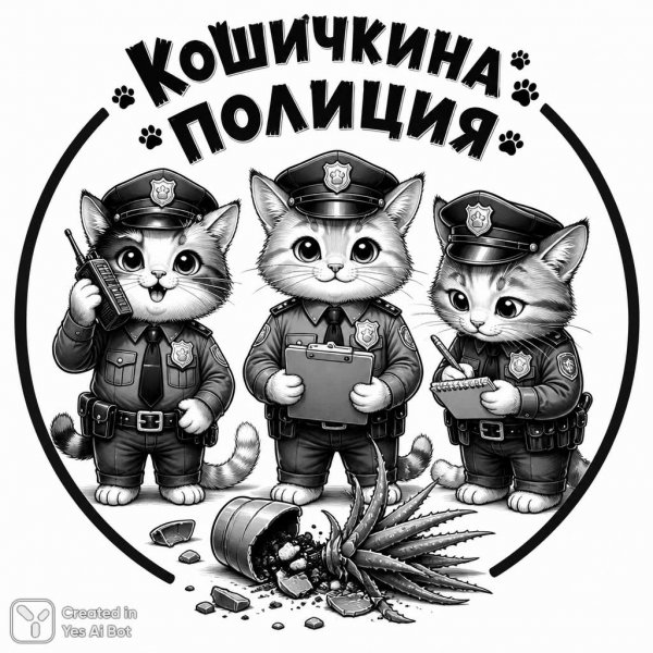 Кошачья полиция: Милые стражи порядка и разбитый кактус. Картинка из нейронной сети Sora Ai Images
