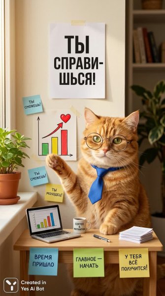 Мотивационный кот-менеджер в офисе: залог успеха и позитивного настроя!. Нейронная сеть NanoBanana