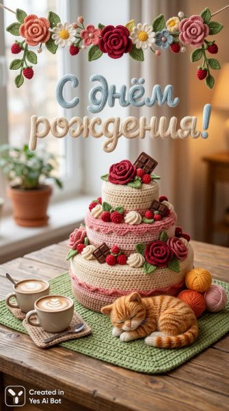 Уютная вязаная открытка ко дню рождения: текстильная магия и нежная атмосфера тепла. Изображение из нейронной сети NanoBanana