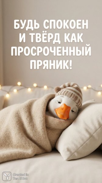 Спящий гусь в уютном одеяле – милый ночной сон. Картинка из нейронной сети NanoBanana