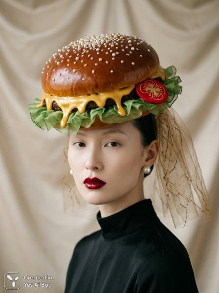 Изысканный бургер-шляпа: высокая мода в фотореалистичной съемке. Картинка из нейросети Nano-Banana