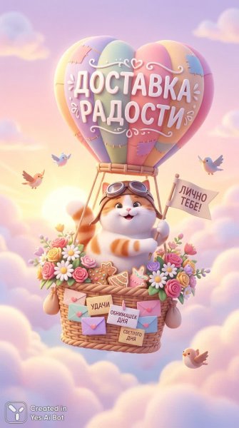 Веселый кот в воздушном шаре с доставкой радости и объятий. Картинка из нейросети Nano-Banana