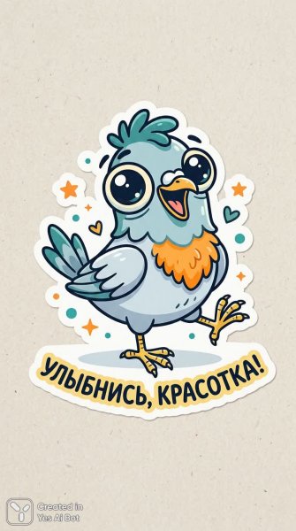 Смешной голубь улыбается красотке на бежевом фоне. Генерация из нейросети Nano Banana