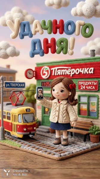 Уютная рукодельная сцена с вязаными деталями и московским колоритом. Генерация из нейронной сети Nano Banana