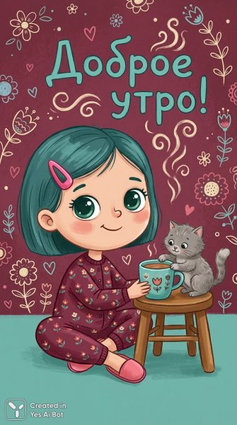 Утреннее волшебство: девочка с котенком и добрые слова. Нейросеть Нано Банана