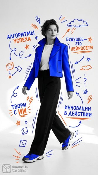 Голубой блейзер и яркие нейросетевые дудлы в стиле ИИ. Нейронная сеть NanoBanana
