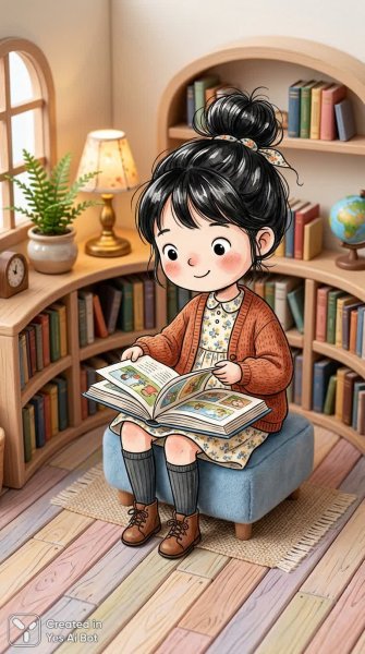 Милая девочка в уютном уголке библиотеки с книгой. Нейронная сеть NanoBanana