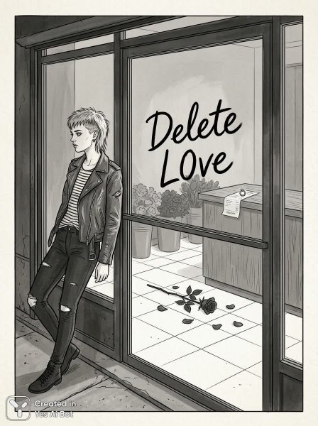 Увядшая роза и надпись Delete Love в заброшенном магазине цветов. Генерация из нейросети Nano Banana