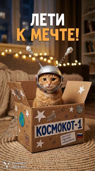 Космокот в картонном корабле отправляется к мечте!. Генерация из нейросети Nano Banana