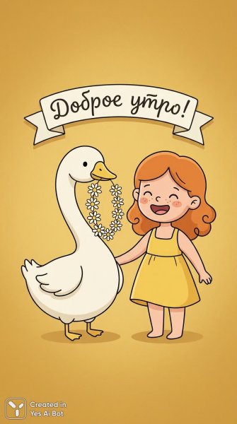 Утро с гусем и ромашками: милая иллюстрация для детей. Изображение из нейронной сети Nano-Banana