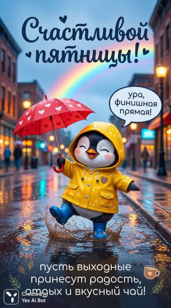 Забавная пятница с маленьким пингвином под радугой. Нейросеть Нано Банана