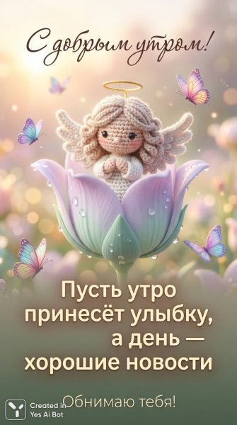 Нежное утро ангелочка в волшебном саду с добрыми пожеланиями и объятиями. Картинка из нейронной сети Нано Банана