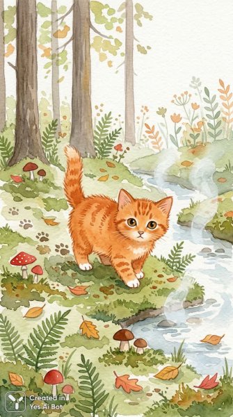 Милый котенок в осеннем лесу: сказочная акварель и нежная атмосфера. Генерация из нейросети NanoBanana