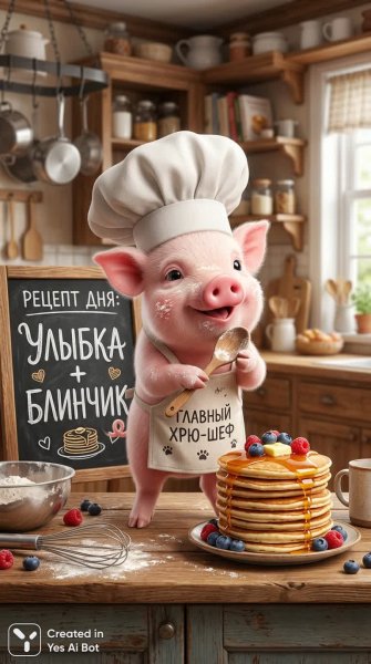 Хрюшка-шеф и рецепт хорошего настроения с блинчиками. Нейросеть Нано Банана