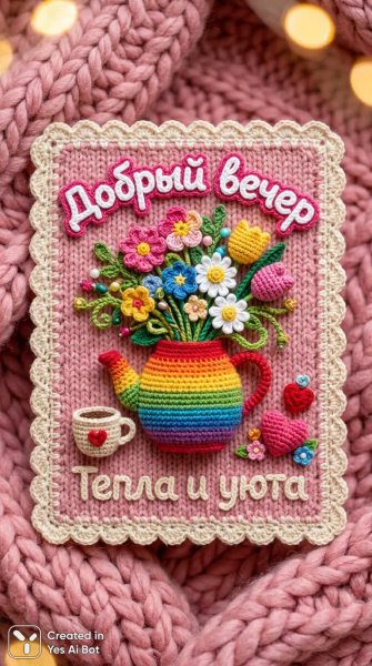 Уютная вязаная открытка с цветочным букетом и чашкой кофе. Картинка из нейросети Nano Banana