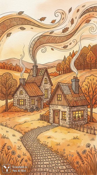Осенние коттеджи на холме: уютная иллюстрация в стиле Zentangle. Картинка из нейронной сети Nano Banana