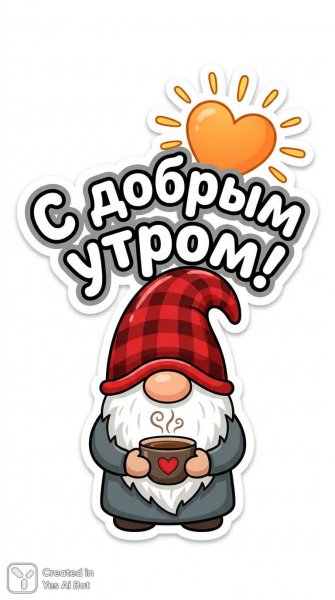 Доброе утро: Валентин-гном с кофе и солнечное настроение. Нейросеть Nano Banana