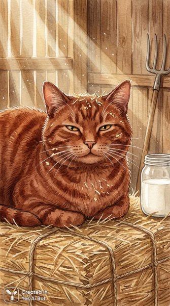 Закутный кот в деревенском сарае: теплая акварельная идиллия. Изображение из нейронной сети Нано Банана