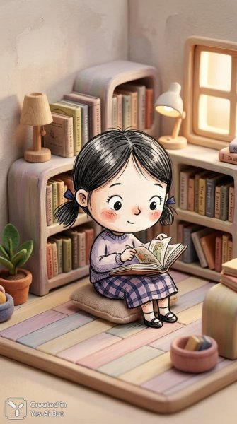 Милая девочка в уютном уголке книжной библиотеки. Нейронная сеть NanoBanana