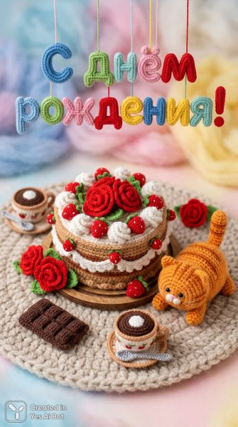 Вязаный торт на день рождения с клубникой и кремом ручной работы. Нейронная сеть Нано Банана