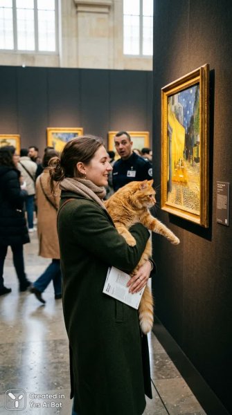 Кот в Лувре: Неожиданная встреча с Ван Гогом и атмосферой искусства. Изображение из нейросети Nano Banana