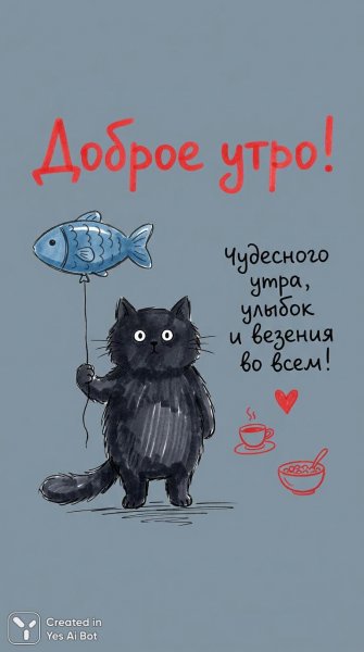 Утро с котом и воздушным рыбом: добрые пожелания на русском языке. Картинка из нейросети Nano-Banana