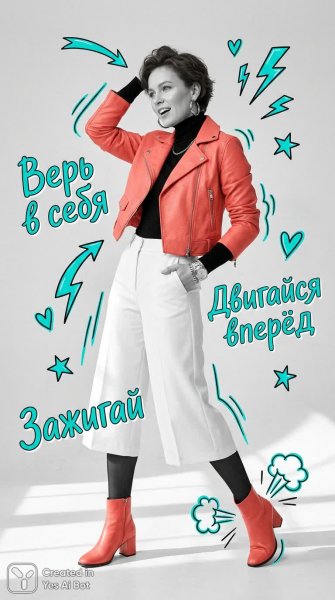 Стильная мода: уверенность, движение и яркие акценты в черно-белом образе с цветными деталями. Изображение из нейронной сети NanoBanana