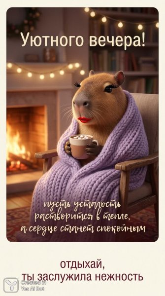 Уютный вечер с капибарой и теплом домашнего очага. Изображение из нейронной сети Нано Банана