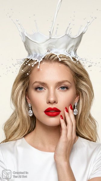 Молочная корона: роскошный портрет в стиле high fashion. Изображение из нейронной сети NanoBanana