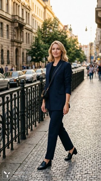 Элегантная брюнетка в стильном костюме на фоне Праги. Картинка из нейронной сети Nano Banana