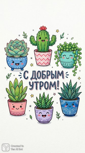 Утро с кактусами: милые иллюстрации в стиле наивного искусства. Нейронная сеть Nano Banana
