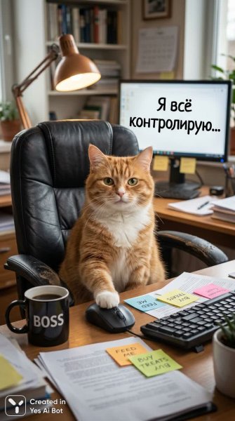 Котик-босс в кресле руководителя: утренний контроль и кофе. Генерация из нейронной сети Nano-Banana