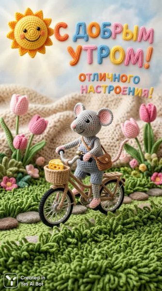 Милый вязаный заяц с сыром и цветами на велосипеде. Картинка из нейросети Nano-Banana