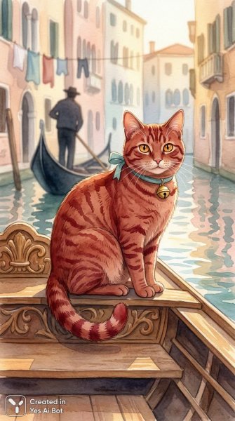 Кошачий рай на венецианской гондоле: очаровательная акварельная идиллия. Генерация из нейросети NanoBanana