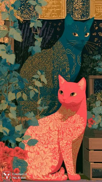 Яркий рынок: кошки среди трав и цветов. Изображение из нейронной сети Миджорни
