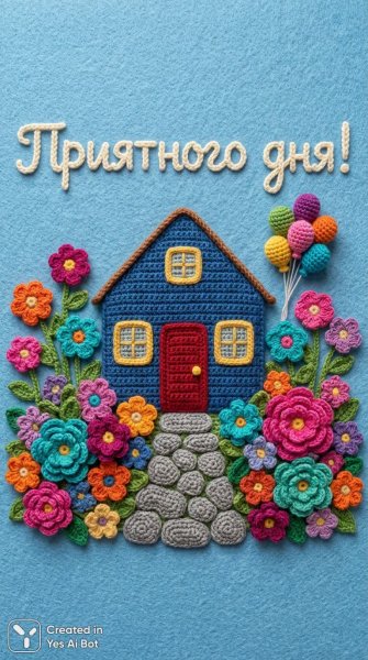 Уютный вязаный домик с ярким садом и воздушными шарами из пряжи. Нейросеть NanoBanana