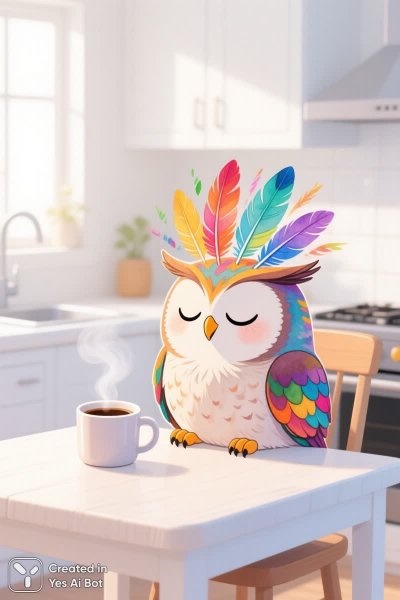 Спящая сова с чашкой кофе на столе утром. Картинка из нейронной сети Qwen Ai Images