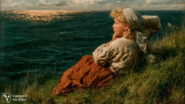 Спокойствие юности на фоне морской зари. Изображение из нейронной сети Миджорни