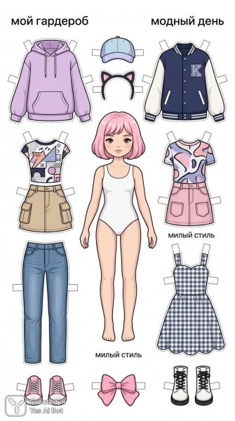 Кукольный гардероб в стиле kawaii: мода и развлечения для творчества. Нейросеть Nano Banana